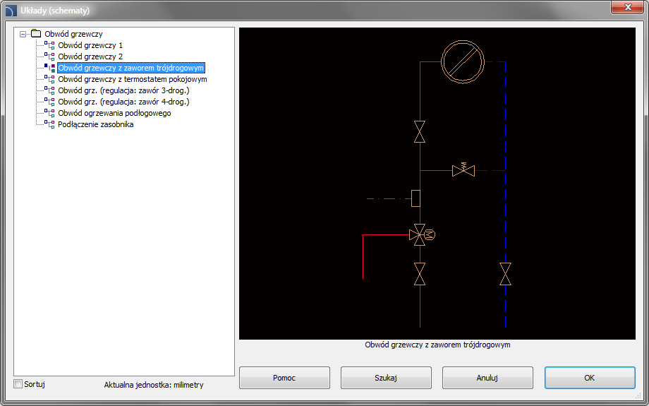 Schematy w module HVAC & Piping Aktualizacja schematów dostępnych w poleceniu Gotowe schematy. Obecnie wszystkie schematy są dostosowane do wstawiania ich w nowe symbole rozdzielaczy.