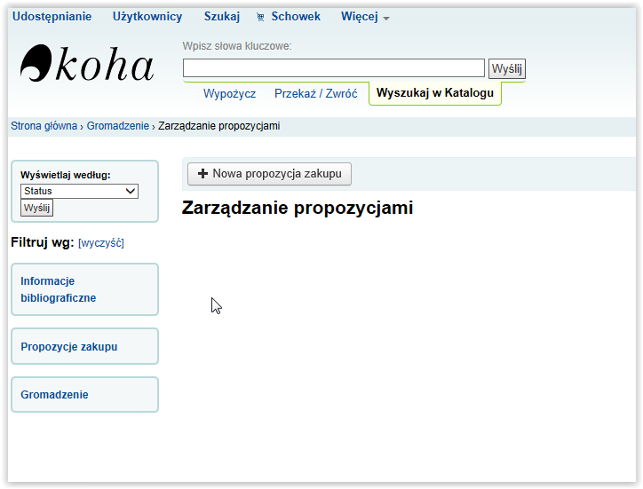 Dkumentacja Kha 3.12 wersja 1.0 - KOHA.rg.pl 3.7.2 Prpzycje zakupu W zależnści d ustawień systemu, użytkwnicy mgą pprzez OPAC zgłsić prpzycję zakupu.