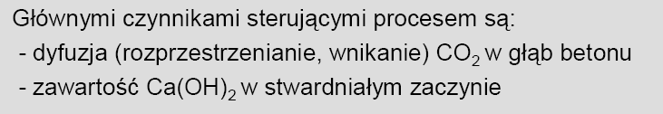 KARBONATYZACJA BETONU Przyczyną obniżenia ph betonu jest najczęściej karbonatyzacja betonu (reakcja portlandytu z dwutlenkiem węgla z powietrza, stanowiąca proces naturalnego starzenia się betonu)