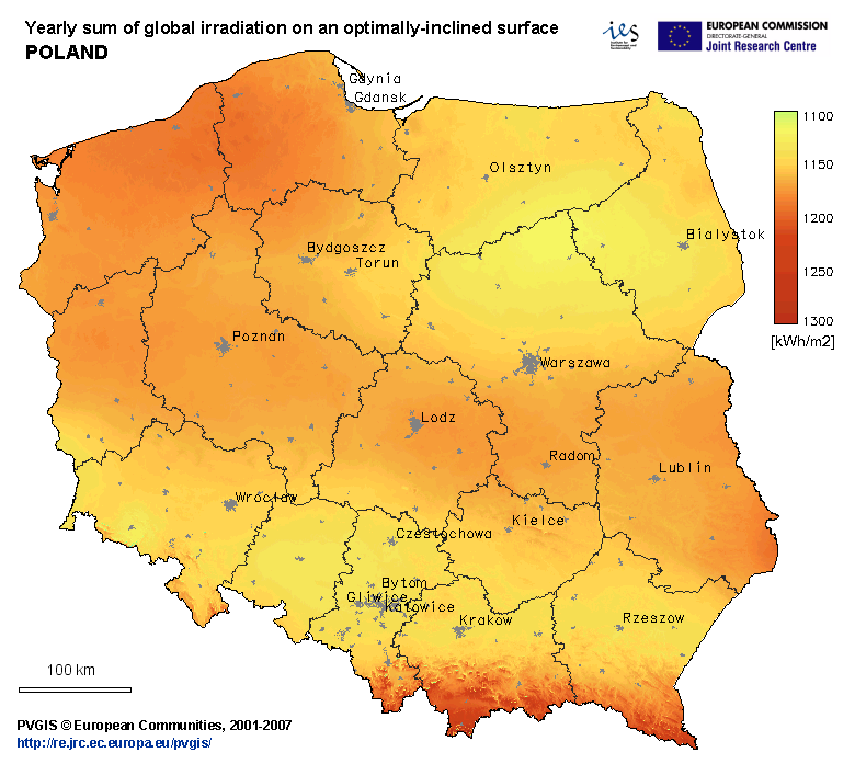 Potencjał Usytuowanie geograficzne Polski stwarza równie dobre warunki dla energetyki słonecznej jak te panujące w Niemczech. Suma energii słonecznej padającej na 1m² w Polsce wynosi 950-1250 kwh.