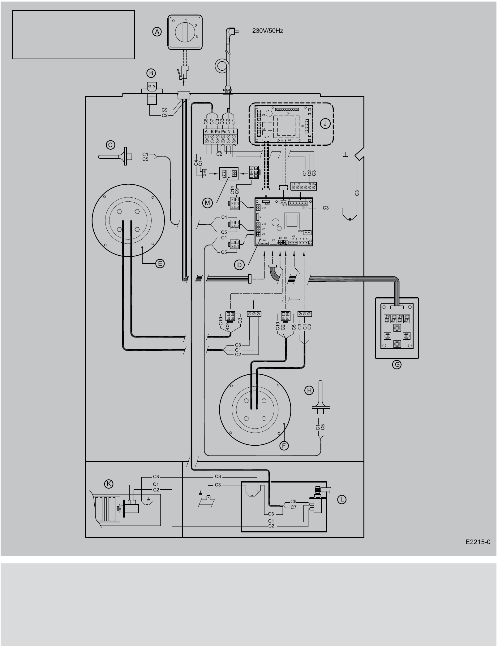 Schemat okablowania z bypassem A = Trzystopniowy przełącznik obrotów B = Złącze OpenTherm C = Czujnik temperatury wewnętrznej D = Podstawowa płyta pcb E = Wentylator powietrza nawiewanego F =