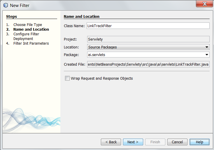 b) Jako nazwę filtru podaj LinkTrackFilter, umieść filtr w pakiecie ai.servlets.