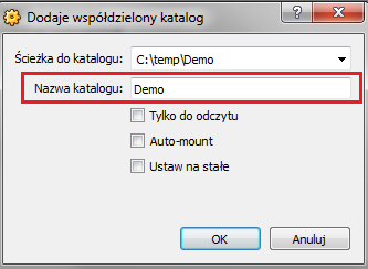 3. 4. Po wybraniu katalogu zostanie mu przypisana nazwa, najczęśniej taka sama jak katalog np. Demo jak na obrazku poniżej: 5. 6.