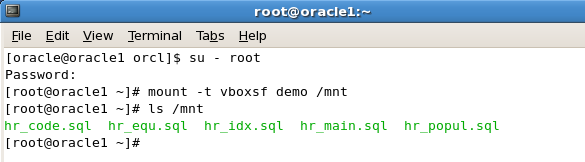 8. W terminalu należy wykonać następujące polecenia systemu operacyjnego Linux podając hasło administratora czyli oracle : a. su root b. mount t vboxsf demo /mnt 9. Gdzie a.