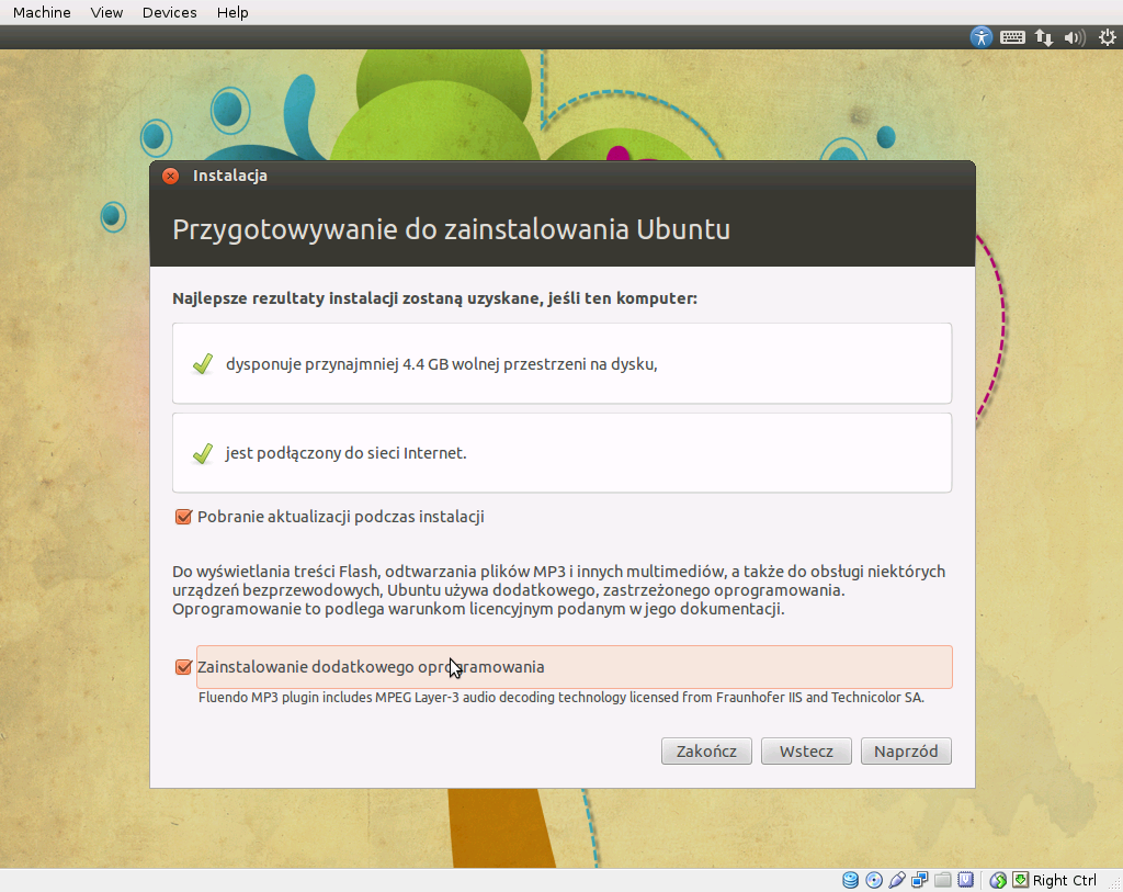 A ostatecznie taki: Wybieramy przycisk Zainstaluj Ubuntu.