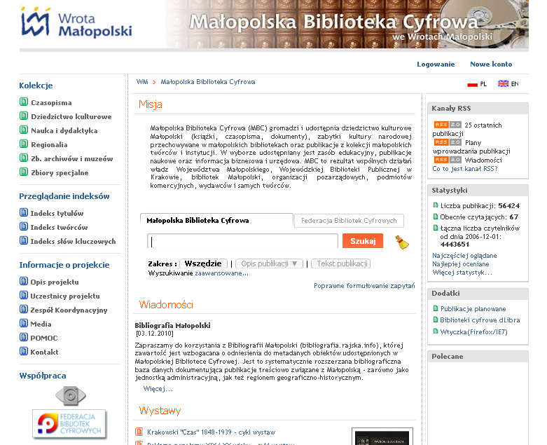 Rys. 3. Małopolska Biblioteka Cyfrowa strona główna. Źródło: http://mbc.malopolska.