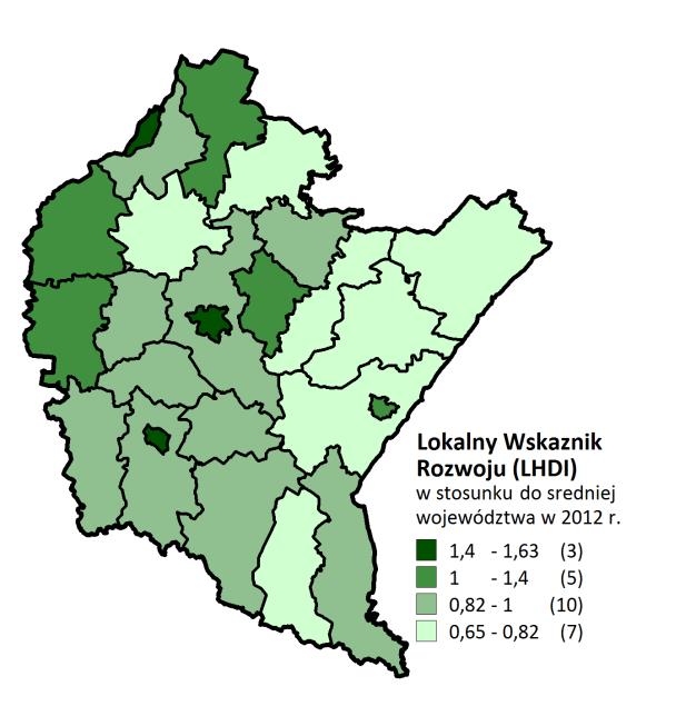 Wykres 24. Wartość LHDI dla województw w Polsce Mapa 10. LHDI w powiatach województwa podkarpackiego w stosunku do średniej dla województwa w 2012 r.