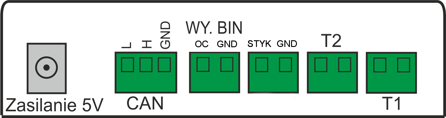 2 Podłączanie 2.4 Opis wyprowadzeń Zasilanie 5V CAN WY. BIN STYK T2 T1 Nazwa OPIS WYPROWADZEŃ Opis Zasilanie (podłącz zasilacz 5V/1.