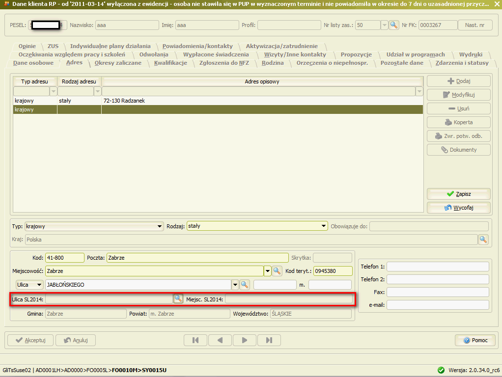 Okno: Adres (SY0015U) Do adresu została dodana możliwość wskazania właściwej ulicy w SL2014.