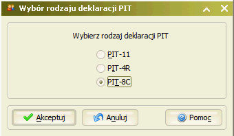 3. W komponencie FOB została dodana nowa opcja: PIT-8C na oknie Wybór rodzaju deklaracji PIT (SW0020), która wywołuje okno