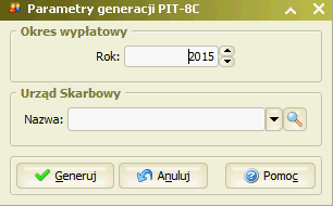 elektronicznego Funkcje: Generuj generacja informacji PIT-8C na podstawie wypłat IFA/UIR; Anuluj generację anulowanie ostatniej generacji; Przeglądaj przeglądanie danych; Modyfikuj modyfikacja