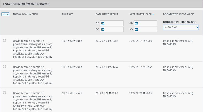 Lista dokumentów wysłanych: Lista