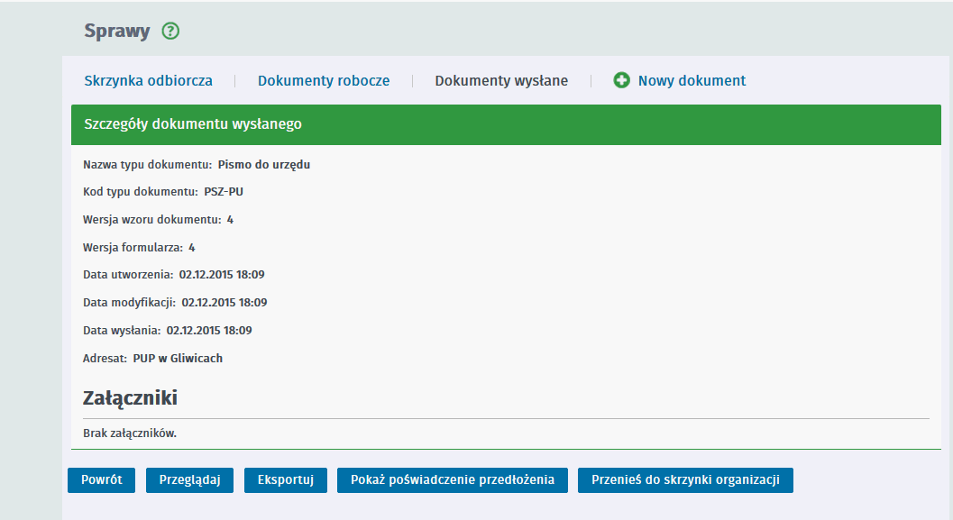 Po wybraniu takiej funkcji wyświetla się okno z informacją: Dokument zostanie przeniesiony do skrzynki organizacji XXX.