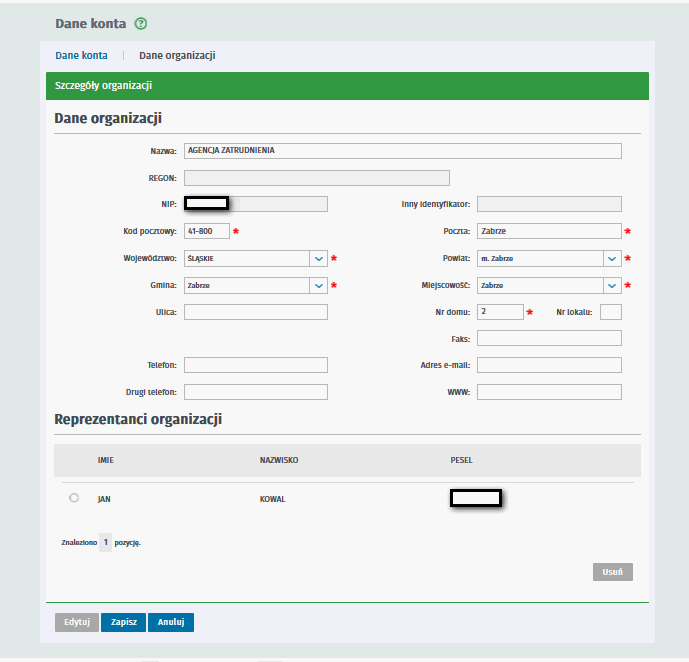 Do edycji zostały zablokowane pola NIP, REGON oraz numer identyfikacyjny organizacji zagranicznej.
