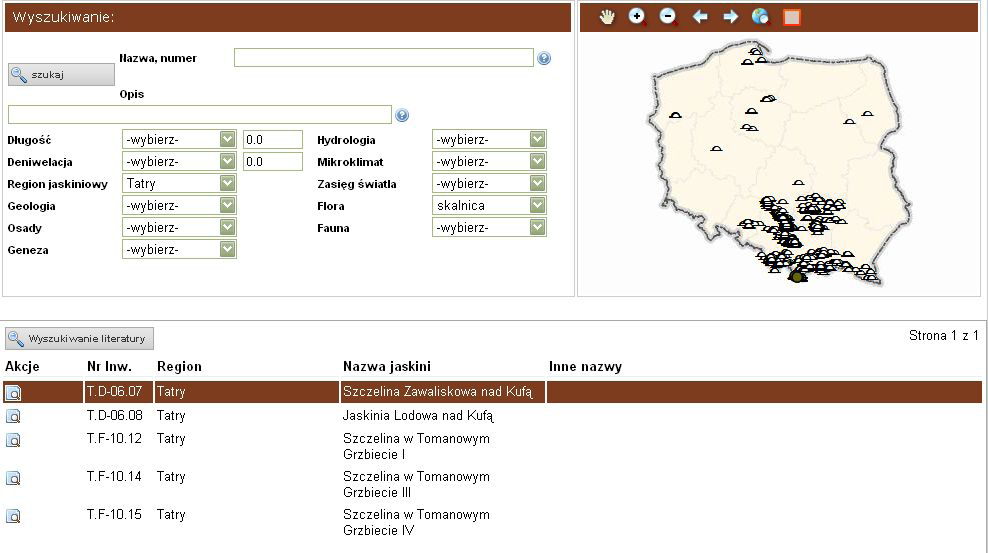 4.2 Wyszukiwanie pełnotekstowe oraz według słów kluczowych Poza wyszukiwaniem przestrzennym, jakie zapewnia serwis mapowy, jaskinie można wyszukiwać wprowadzając wyrażenie lub jego fragment do pola