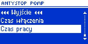 sezonem grzewczym. Po załączeniu tej opcji wszystkie aktywne pompy będą się załączać raz w tygodniu wg. ustawionego czasu włączenia: Pompy będą pracować przez czas pracy określony przez użytkownika.