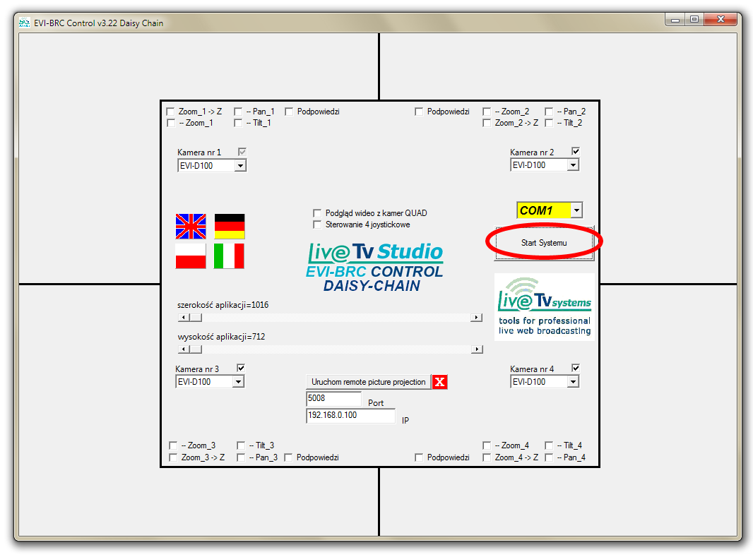 Gdy wszystko będzie już poprawnie skonfigurowane, należy nacisnąć przycisk Start Systemu: W rezultacie pojawi się menu funkcyjne z możliwością sterowania wszystkimi kamerami, które