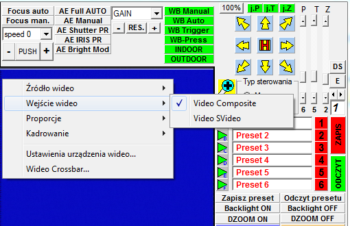 3.3.2. Wybór parametrów okna wideo QUAD W celu przygotowania okna QUAD do wyświetlania obrazu z układu QUAD SPLITTER, najpierw należy wybrać język komunikatów okna wideo, naciskając odpowiednią flagę.