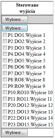 Sterowane wyjścia powiązanie wejścia z wyjściami. Po kliknięciu na przycisk jest możliwość wyboru wyjść które będą zmieniały swój stan w zależności od stanu na wejściu.