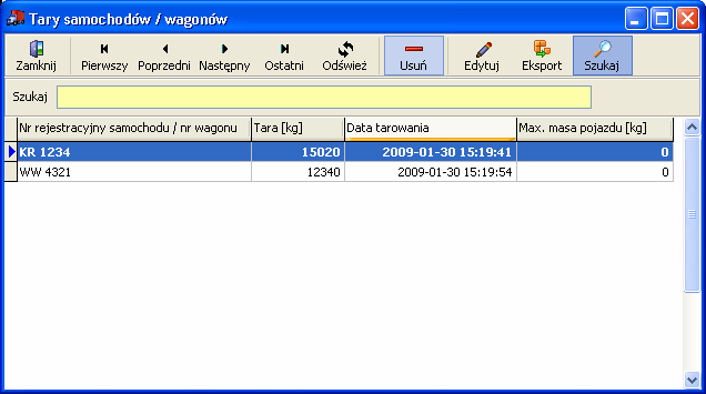 Rys. 21. Okno tabeli tar samochodów/wagonów 5.1.10 Karty zbliŝeniowe / zestawy danych Program GSW WAGA wyposaŝony jest w obsługę czytników kart zbliŝeniowych wraz z mechanizmem tworzenia zestawów danych.