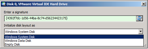 9. Aby użyć opcji MBR, kliknij pozycję Initialize as MBR disk (Inicjuj jako dysk MBR). Zostanie wyświetlona wstępnie zdefiniowana sygnatura dysku: 10. Kliknij przycisk OK.