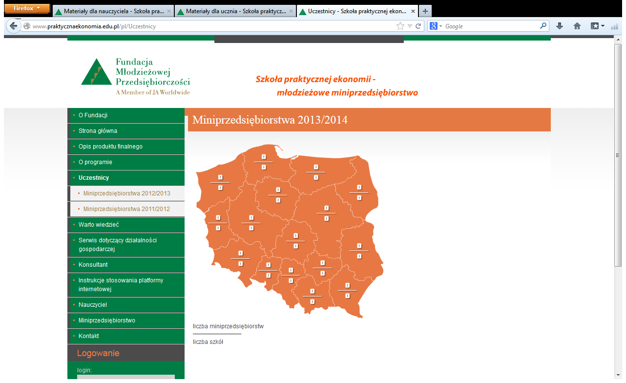 Uczestnicy Kliknięcie zakładki Uczestnicy otwiera interaktywną mapę Polski z wykazem liczby miniprzedsiębiorstw i szkół uczestniczących w programie w bieżącym roku szkolnym.