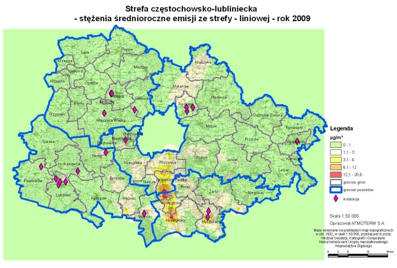 Rysunek 1-26 Stężenia średnioroczne emisji pyłu zawieszonego PM10 na obszarze strefy częstochowsko - lublinieckiej pochodzących ze źródeł liniowych w 2009 roku (źródło: opracowanie własne)