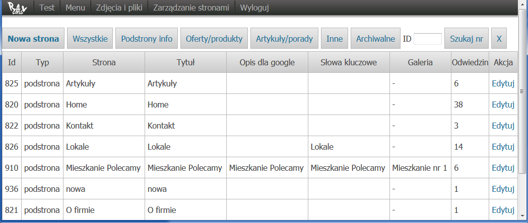 2. Dodawanie i Edycja Podstron i tworzenie linku z tekstu lub zdjęcia. Klikamy w meny w opcję Zarządzanie stronami.