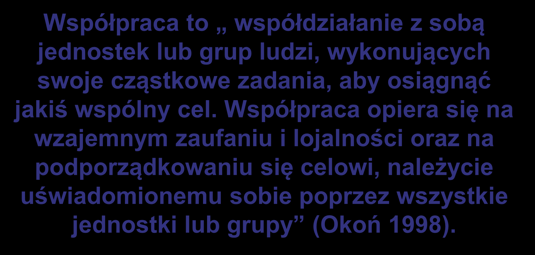 Zawodnik Współpraca to współdziałanie z sobą jednostek lub grup ludzi, wykonujących swoje cząstkowe zadania, aby osiągnąć jakiś wspólny cel.