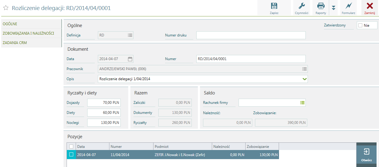 Zatwierdzenie okna wywoła formularz dokumentu rozliczenia zaliczki. Naliczenie / Rozliczeń delegacji Opis umieszczenie informacji dotyczącej dokumentu. Ryczałt za dojazdy wartość ryczałtu na dojazdy.