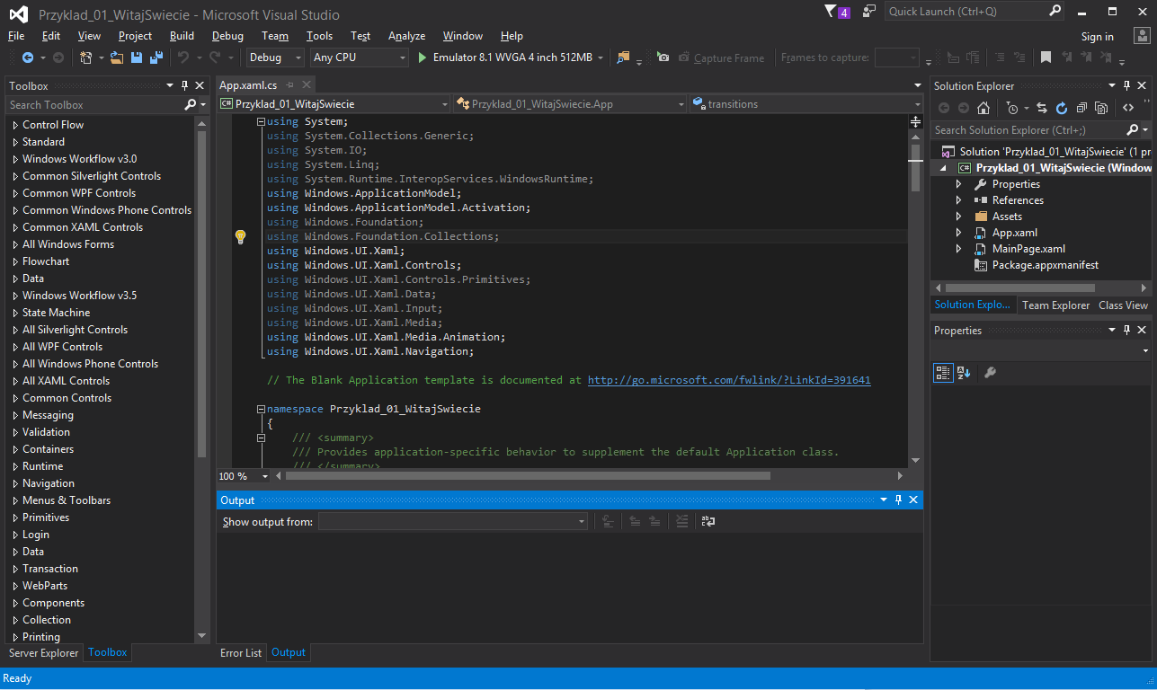 Korzystając z menadżera projektów (drzewo po prawej stroni) wyświetlić możemy plik MainPage.