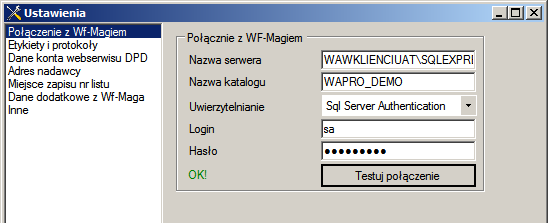 3. Konfiguracja modułu Połączenie z WF-Mag Ustawienie połączenia z WF-Mag jest najważniejszą rzeczą jeśli nie pracujemy w trybie wywołania z programu WF-Mag.