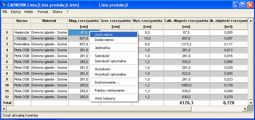 Okno główne cadwork Listy 5.2 Tablica elementów Funkcje menu W tablicy przedstawione są elementy w sposób tabelaryczny.
