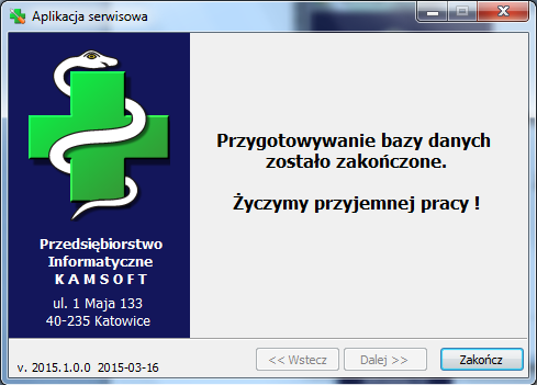 Rys 16. Aplikacja serwisowa przygotowuje bazę danych Po poprawnej instalacji zostanie wyświetlone okno kończące przygotowanie bazy danych Rys 17. Okno kończące przygotowanie bazy danych 1.2.