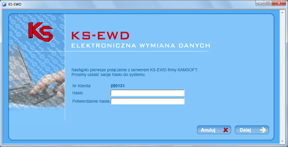 Rys 27. Inauguracja usługi KS-EWD Następnie należy zdefiniować hasło do systemu elektronicznej wymiany danych. Hasło powinno się składać z co najmniej sześciu znaków (Rys 288). Rys 28.