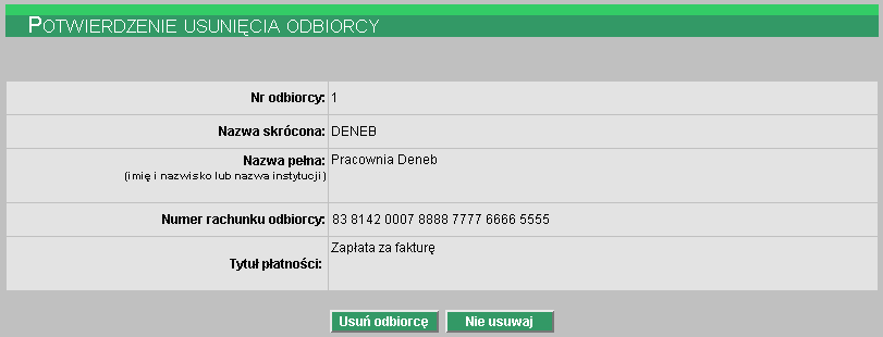 Po wybraniu opcji Odbiorcy z menu systemu wyświetlona zostanie lista kontrahentów już zdefiniowanych (przy uruchomieniu systemu lista jest pusta).