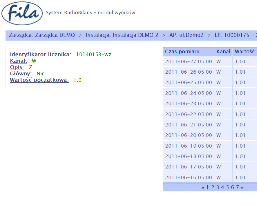 Na powyższym przykładzie widać dwa wodomierze przyporządkowane do modułu radiowego.