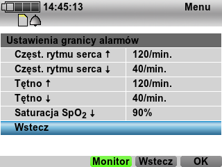 Ustawienia menu Prędkość SpO 2 Menu Ustawienia SpO 2 Prędkość SpO 2 Parametr Dostępne wartości Opis Prędkość SpO 2 12,5 mm/s 25 mm/s 50 mm/s 5.3.