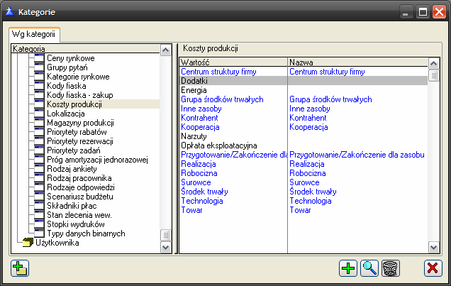 W systemie istnieją kategorie predefiniowane, wyświetlone w oknie na niebiesko. Oprócz nich, UŜytkownik moŝe dodawać nowe kategorie kosztów. Kategorie takie będą wyświetlone w kolorze czarnym.