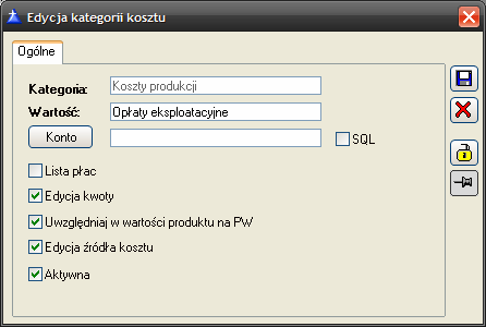 Aktywna zaznaczenie parametru zadecyduje o tym, czy moŝna będzie przypisać koszt z tej kategorii do produkcji.