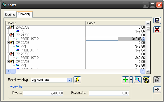 4. Po uruchomieniu rozbicia kosztu (przycisk: [Rozbij koszt według wybranego klucza]) na zakładce: Elementy, zostaną wyświetlone obiekty produkcyjne, na które został rozbity koszt.