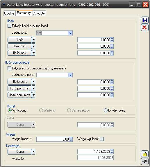 Rys. 6.8 Materiał w kosztorysie, zakładka: Ogólne. Rys. 6.9 Materiał w kosztorysie, zakładka: Parametry. 6.1.