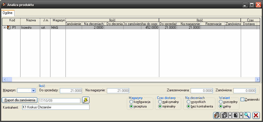 szacowany czas produkcji półproduktów i produktu głównego szacowany czas wytworzenia produktu. Parametry, jakimi operator moŝe sterować to: Rys. 7.17 Analiza produktu.