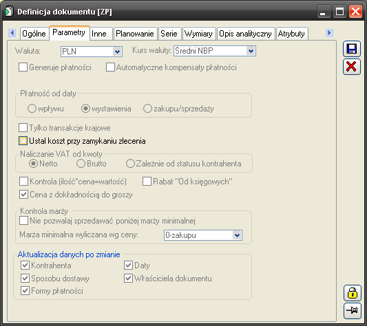 Definicja dokumentu ZP, zakładka: Inne Rys. 5.29 Definicja dokumentu ZP, zakładka Parametry.