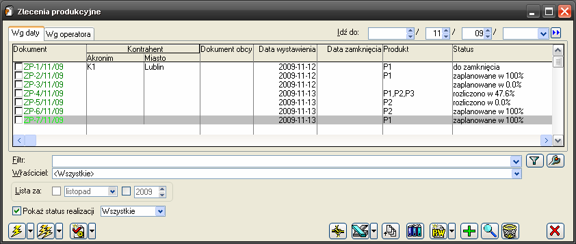 W oknie znajdują się pola i funkcje: Rysunek 5.32 Lista zleceń produkcyjnych.