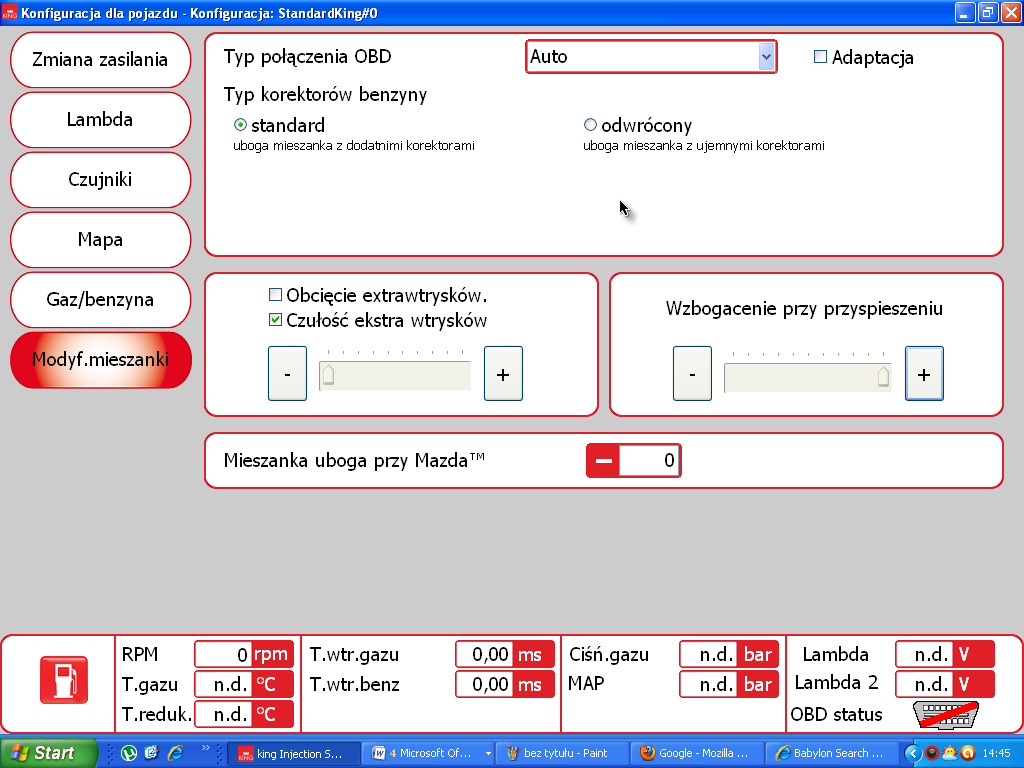 W sekcji Modyfikacja mieszanki znajdują się 2 kolumny: Bieg jałowy - dla obrotów poniżej 1000 rpm Poza biegiem jałowym - dla obrotów przekraczających 1000 rpm Obydwie kolumny są podzielone na 4