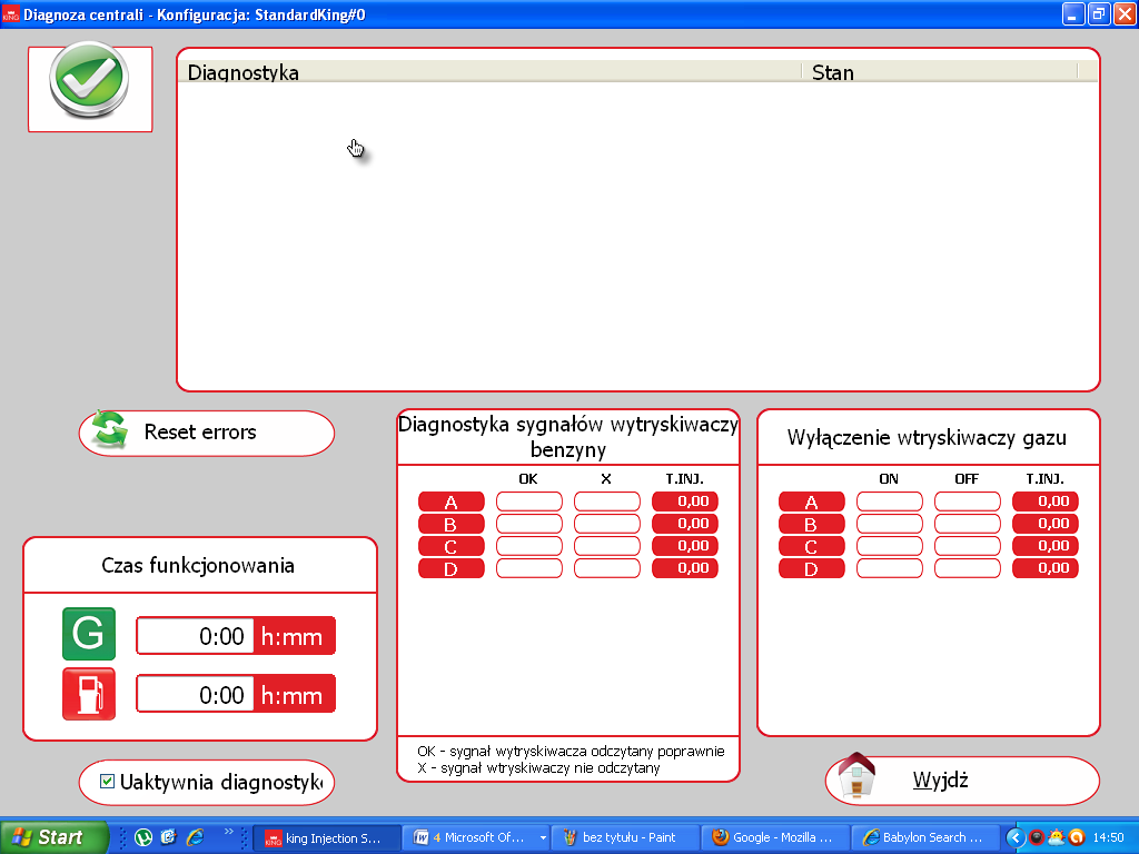 5. INJECTORS CHECK (DIAGNOSTYKA) Na tej stronie wyświetlane są wszystkie parametry, które kontroluje centralka poprzez diagnozę W momencie, gdy centralka GAZOWA stwierdzi jakiś błąd diagnostyczny na