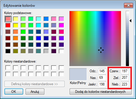 Rysunek 36. Pasek narzędziowy programu Paint. W edytorze kolorów znajdź interesujący Cię kolor. Wartości zaznaczone czerwonym kwadratem wprowadź w monitorze portu szeregowego.