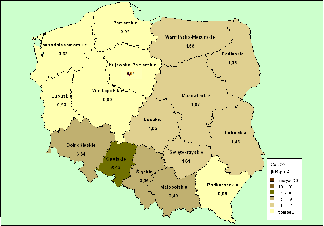 Rys. 7. Rozkład średnich stężeń 137 Cs [kbq/m 2 ] w województwach na obszarze Polski dla gleby pobranej w październiku 2010 roku.