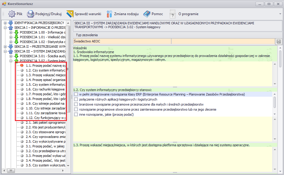 Pytania dotyczące jednego zagadnienia w Kwestionariuszu w programie połączone są w grupy. Rysunek 9. Nawigacja 4 Panel odpowiedzi wyświetla wszystkie pytania z wybranej grupy.